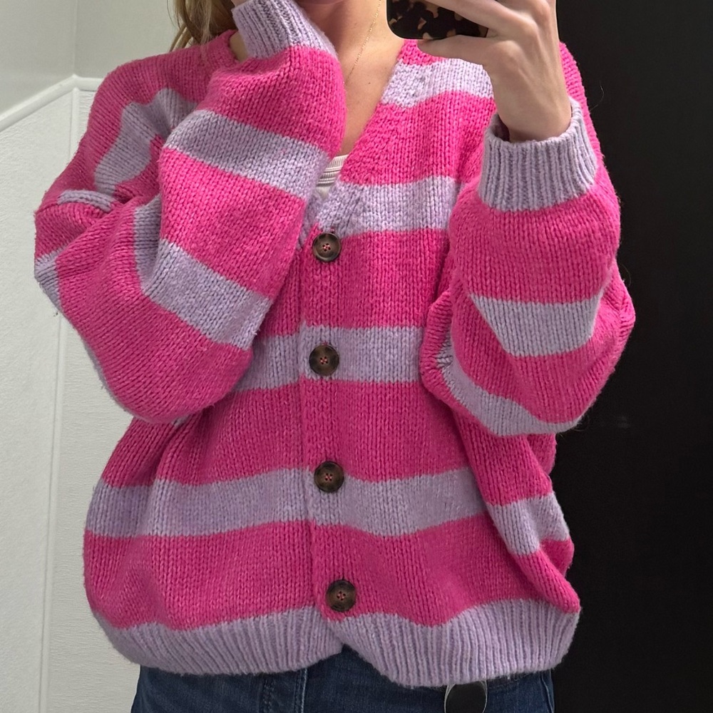 Vici Pink and Lavender Striped Chunky Button Cardigan